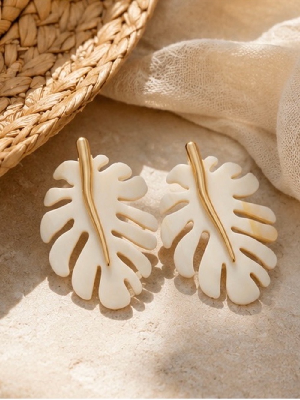 Cream and Gold Leaf Drop Earrings